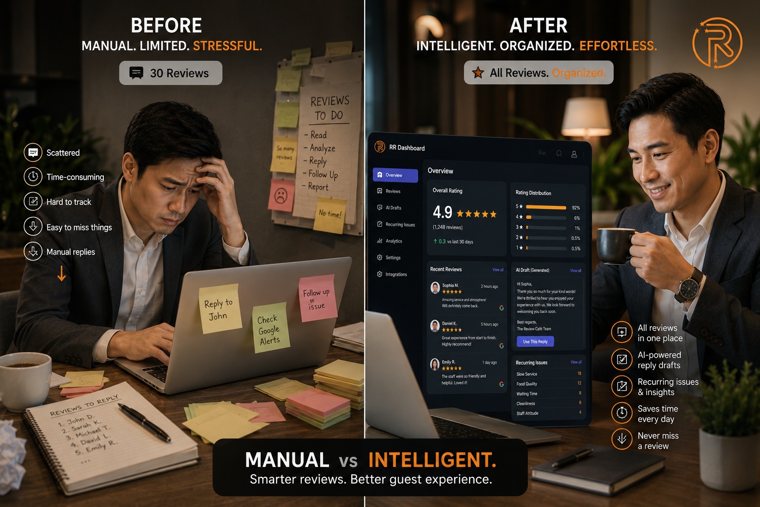 Before and after comparison of manual review management versus an AI review dashboard